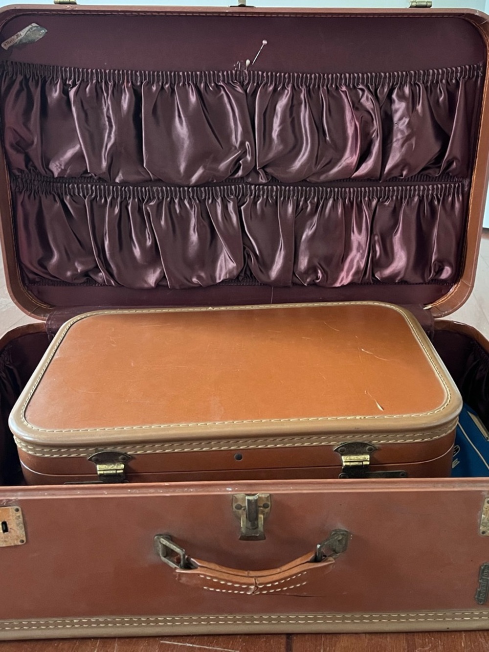 Vintage 1950s Travel Joy suitcase set brown hard shell luggage 2pc